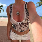 Leopard Pattern Bow Trim V Neck Coquette Slim Fit Y2K Aesthetic Crop Top