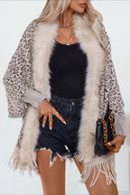 Leopard Print Fur Collar Shawl Batwing Knit Coat