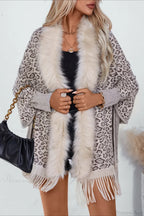 Leopard Print Fur Collar Shawl Batwing Knit Coat