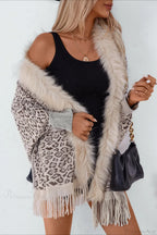 Leopard Print Fur Collar Shawl Batwing Knit Coat