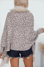 Leopard Print Fur Collar Shawl Batwing Knit Coat