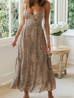Leopard Print Strapless Sexy V-neck Beach Holiday Maxi Boho Dress
