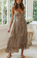 Leopard Print Strapless Sexy V-neck Beach Holiday Maxi Boho Dress