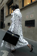 leopard print Warm Faux Fox Fur Notched Collar Loose Overcoat