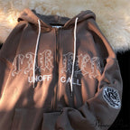 Letter Embroidery Vintage Loose Zipper Hoodies