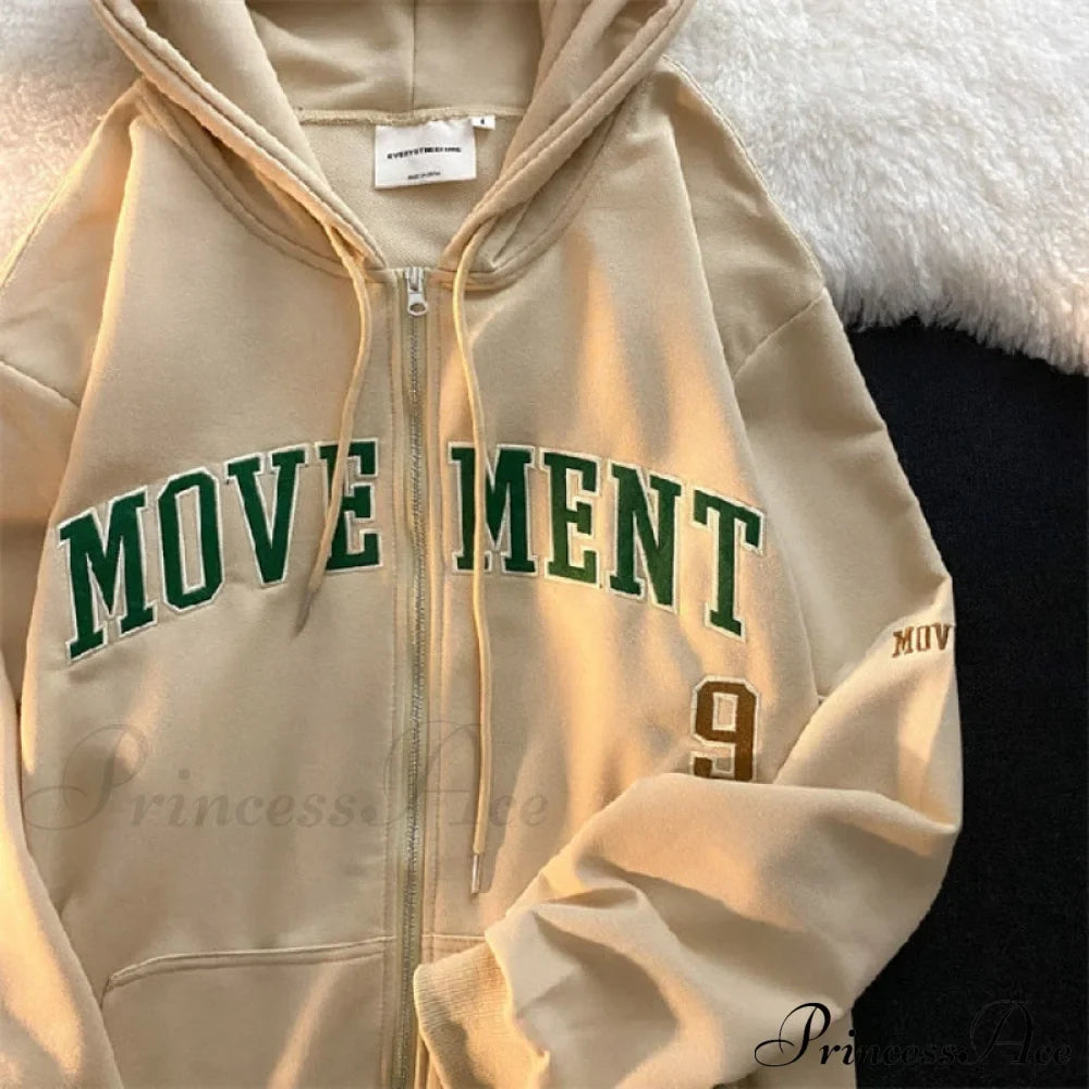 Letter Embroidery Vintage Loose Zipper Hoodies