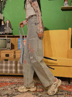 Letter Flower Print Ripped Jeans