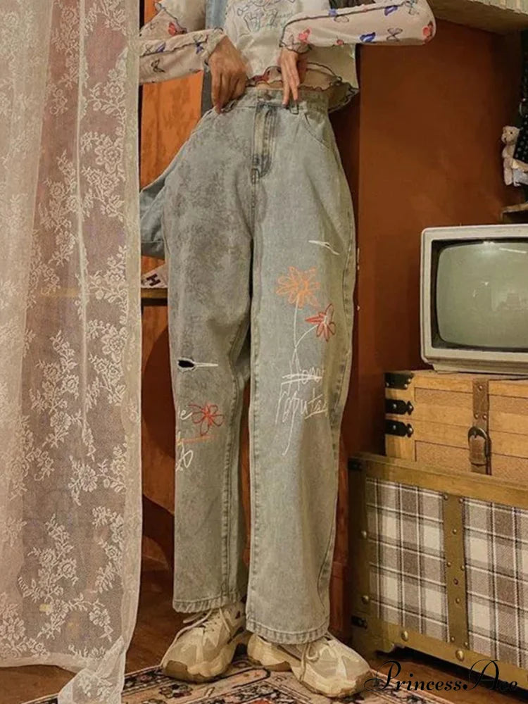 Letter Flower Print Ripped Jeans