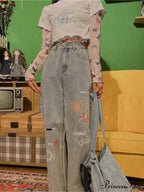 Letter Flower Print Ripped Jeans