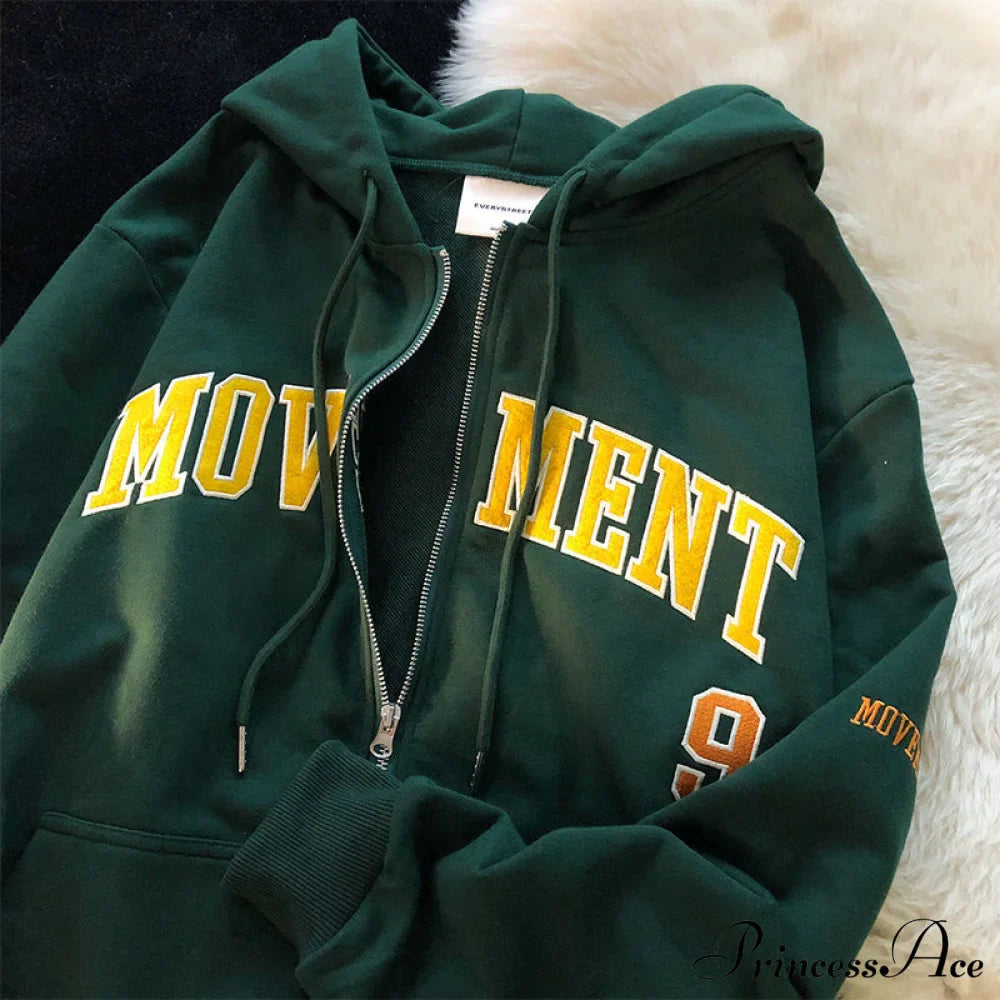 Letter Print Vintage Zip Up Oversize Jacket