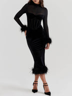 Elegance in Velvet - Black Velvet Midi Dress