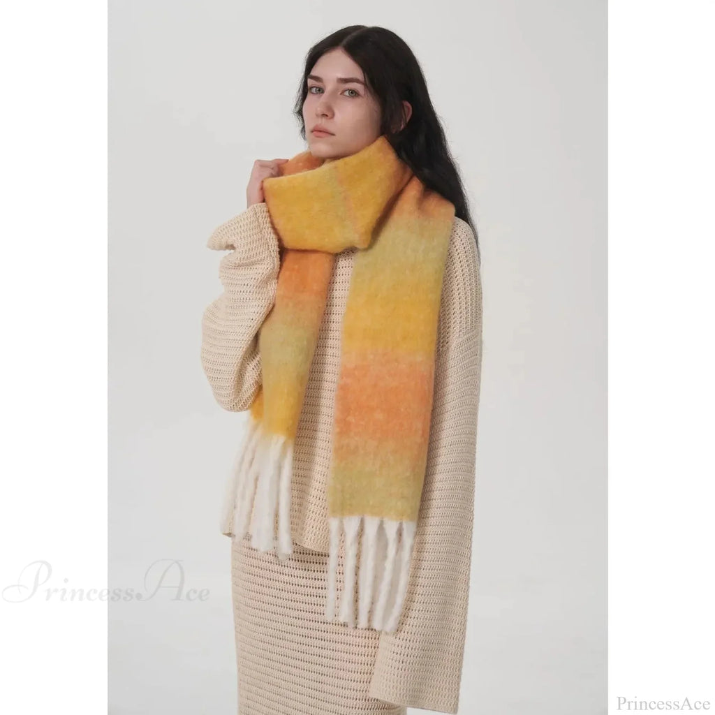 Light Luxury Gradient Color Wool Striped Fringed Mohair Scarf