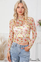 Long Arm Blouse Mock Flowered with Neck