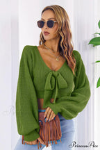 Long Cropped V-Neck Arm Sweater