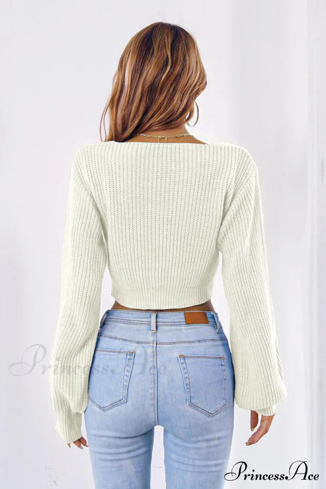Long Cropped V-Neck Arm Sweater