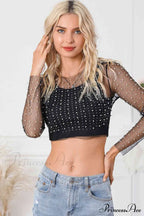 Long Cropped with Pearl Top Mesh Sleeves