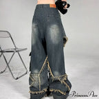 Long Fading Distressed Star Vintage Denim Jeans