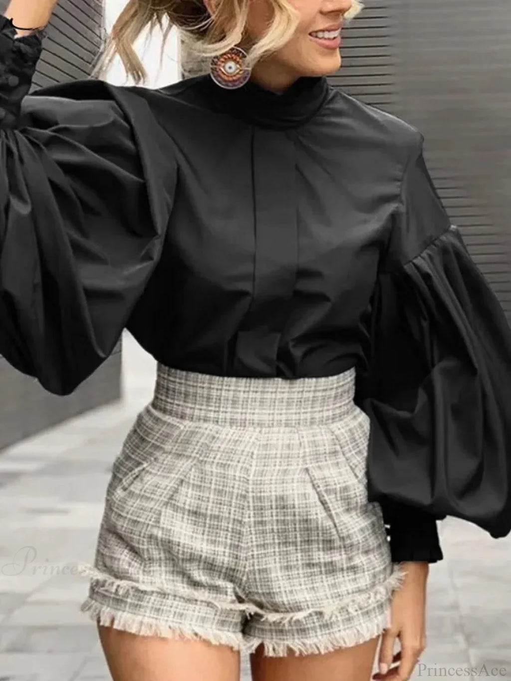 Long Lantern Sleeve Solid Purple Blouse Chic Blouse