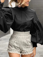 Long Lantern Sleeve Solid Purple Blouse Chic Blouse