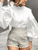 Long Lantern Sleeve Solid Purple Blouse Chic Blouse