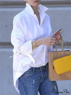 Long Lapel Arm Casual Plain Blouse