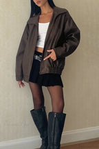 Long Sleeve Basic Loose Zipper Leather Coat