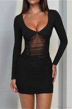 Long Sleeve Cutout V-Neck Elegant Bodycon Mini Dress