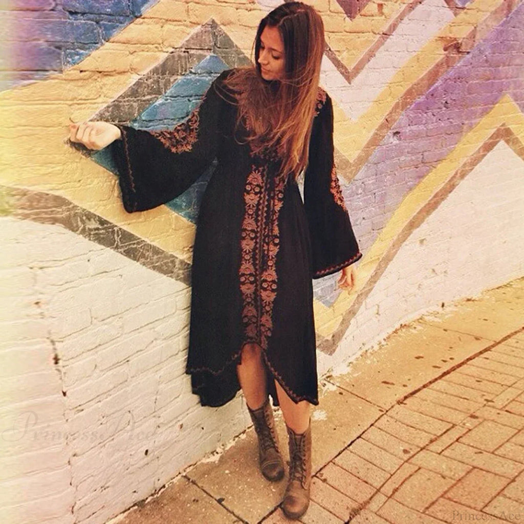 Long Sleeve Floral Embroidered Cotton Boho Dress