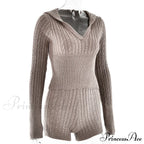 Long Sleeve Knitted V-Neck Graceful Hooded Sweater And Shorts Set