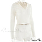 Long Sleeve Knitted V-Neck Graceful Hooded Sweater And Shorts Set