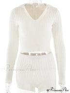 Long Sleeve Knitted V-Neck Graceful Hooded Sweater And Shorts Set