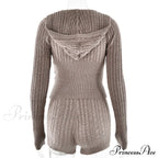 Long Sleeve Knitted V-Neck Graceful Hooded Sweater And Shorts Set