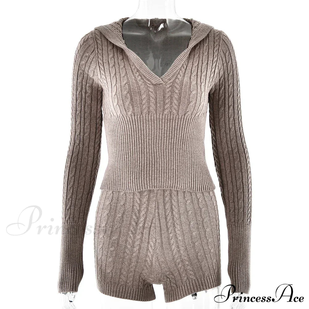 Long Sleeve Knitted V-Neck Graceful Hooded Sweater And Shorts Set