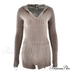 Long Sleeve Knitted V-Neck Graceful Hooded Sweater And Shorts Set