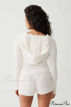 Long Sleeve Knitted V-Neck Graceful Hooded Sweater And Shorts Set