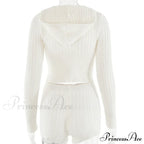 Long Sleeve Knitted V-Neck Graceful Hooded Sweater And Shorts Set