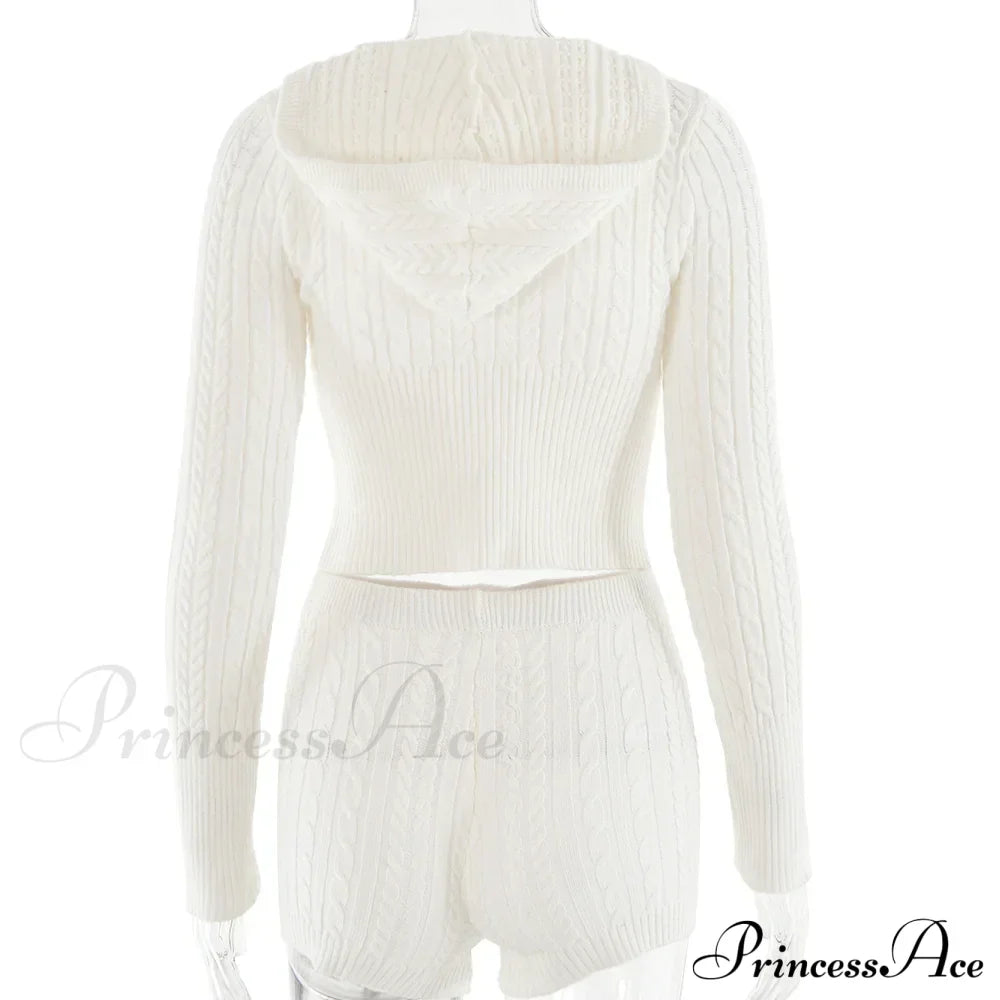 Long Sleeve Knitted V-Neck Graceful Hooded Sweater And Shorts Set