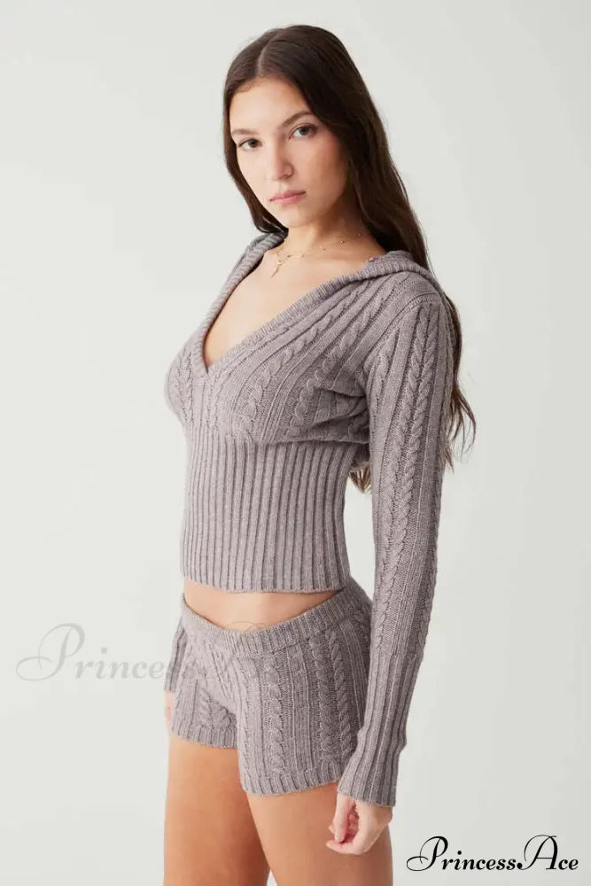 Long Sleeve Knitted V-Neck Graceful Hooded Sweater And Shorts Set