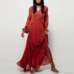 Long Sleeve Maxi Dress Red Floral Embroidery Tassel Boho Dress