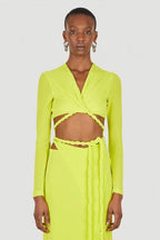 Long Sleeve Rope Wrap Top Split Skirt Two Piece Midi Dress - Lime Green