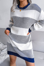 Long Sleeve Textured Striped Knit Winter Sweater Mini Dress - Royal Blue