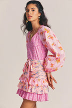 Long Sleeve Tiered Ruffle Floral Printed Mini Dress - Pink