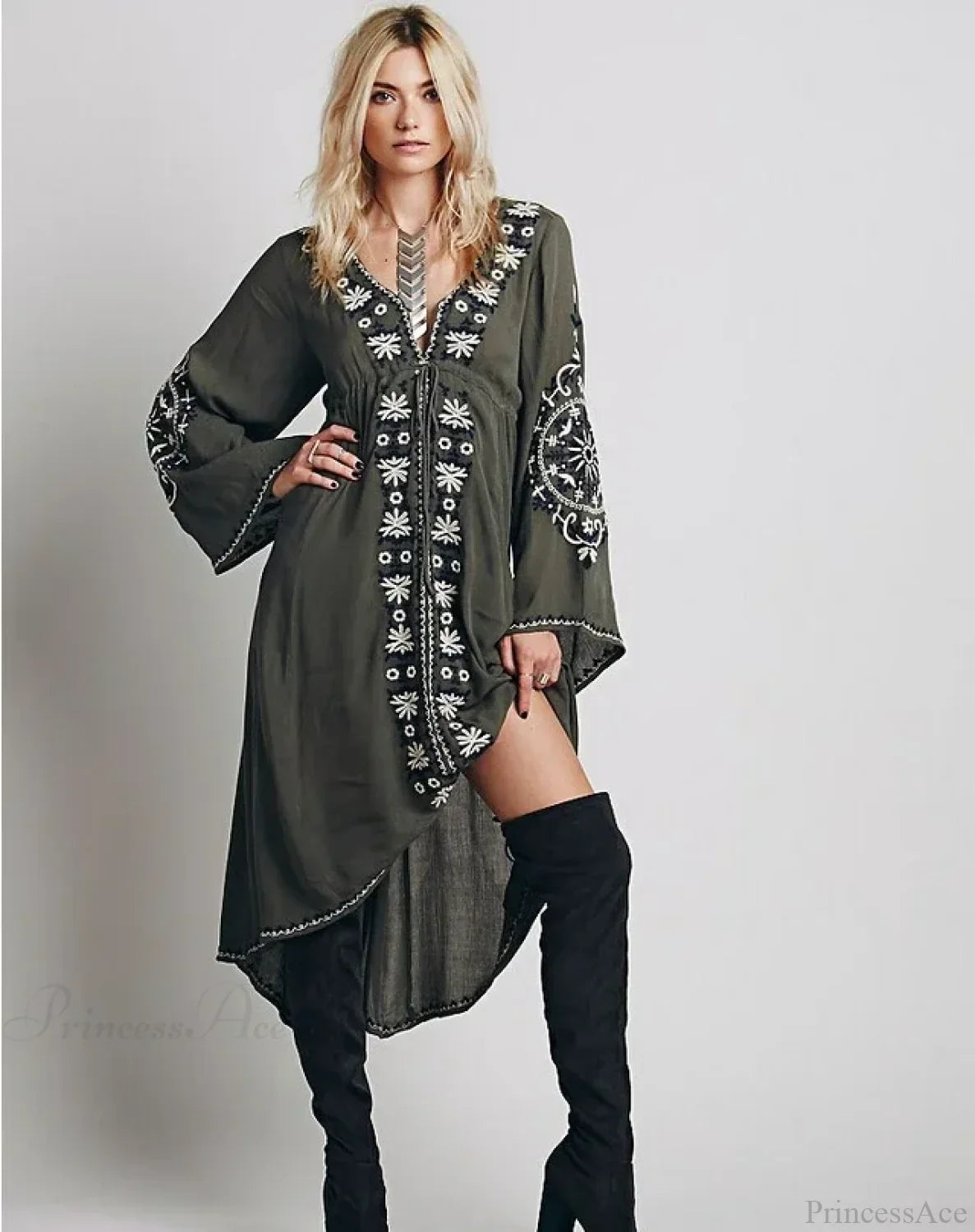 Long Sleeve Vintage Floral Embroidered Cotton Tunic Dress