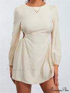 Long Sleeve Waist Hollow Out Tie up Mini Dress