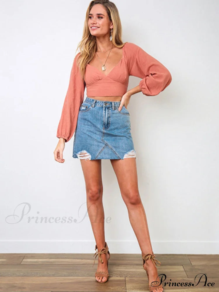 long-sleeved with strap crop top V-neck Women's tie