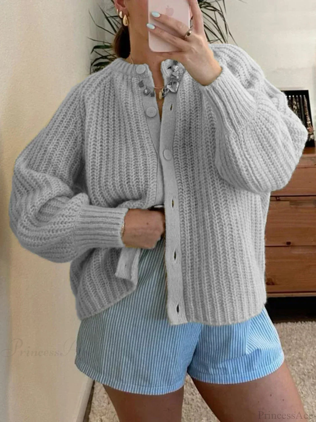 Loose Solid Crew Neck Button Cardigan