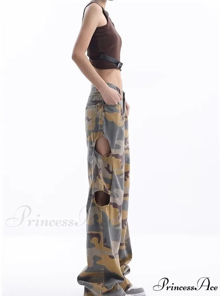 Loose Splashed Ink Speaker Camouflage Pants Trendy Hip-Hop Vintage Versatile Work Clothes Pants Wide Leg Pants Women's Jean