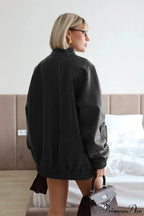 Loose Stand Collar Zipper Textured PU Leather Coat