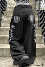 Loose Straight Leg Embroidered Low Waist Jeans