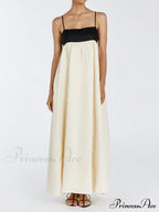 Loose Suspender Black And Graceful White Patchwork Maxi Dress